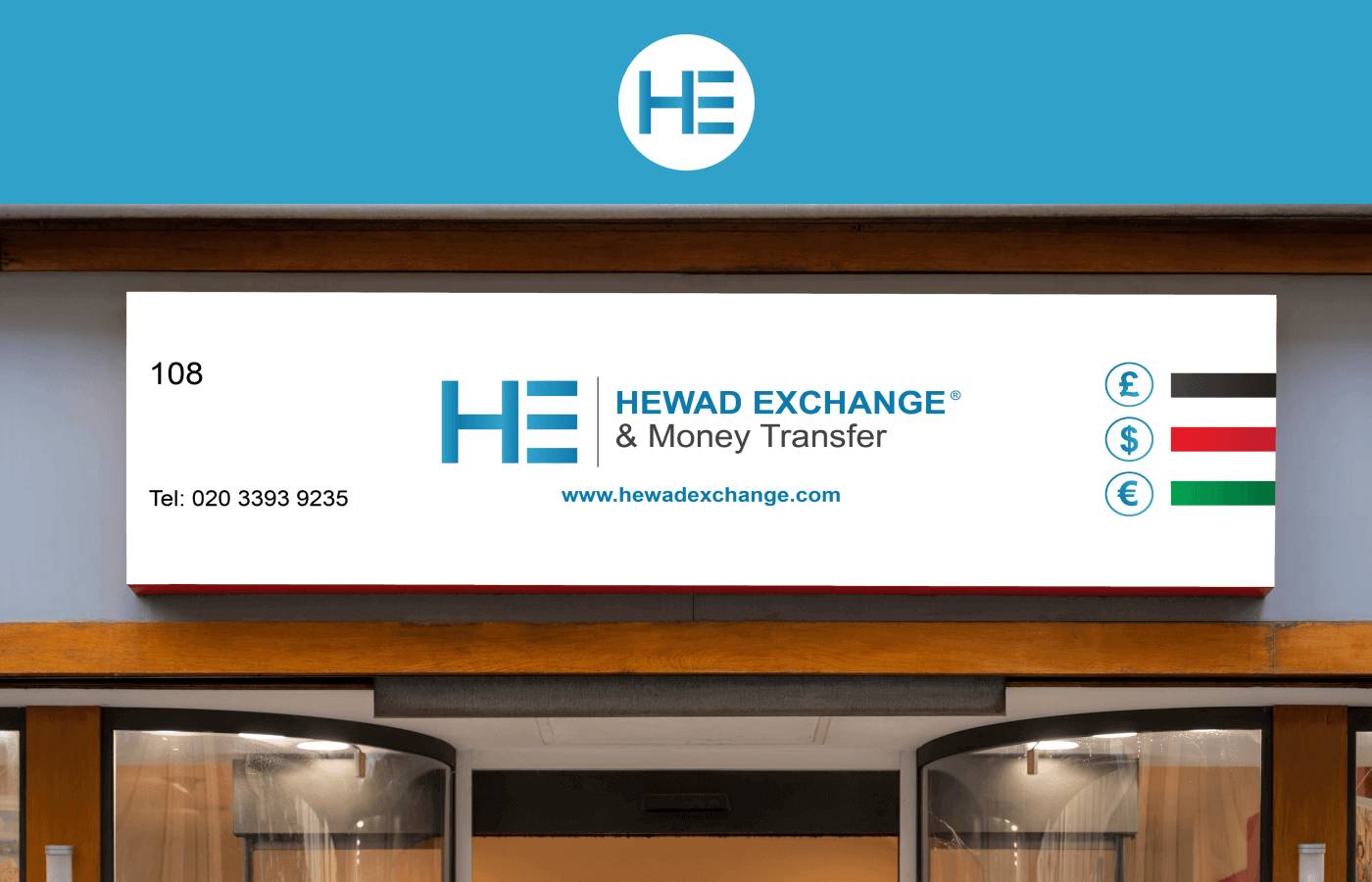 Shop signage for Hewad Exchange and Money Transfer in United Kingdom